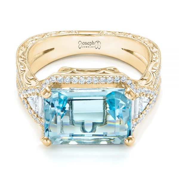 18k Yellow Gold 18k Yellow Gold Custom Aquamarine And Diamond Fashion Ring - Flat View -  102859