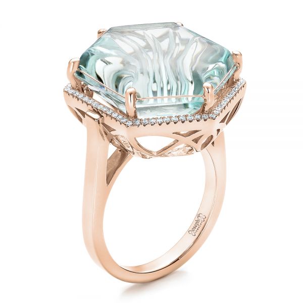 18k Rose Gold 18k Rose Gold Custom Aquamarine And Diamond Halo Fashion Ring - Three-Quarter View -  101686