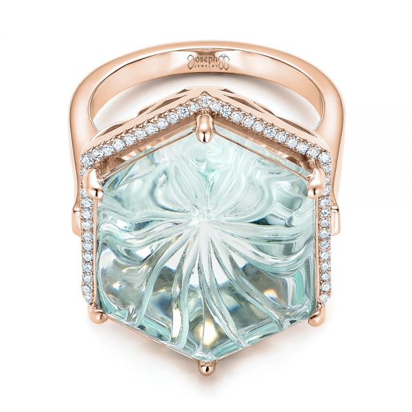 14k Rose Gold 14k Rose Gold Custom Aquamarine And Diamond Halo Fashion Ring - Flat View -  101686