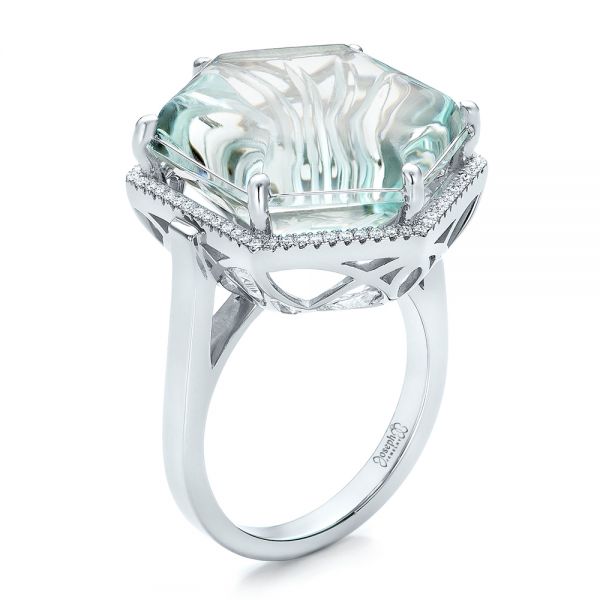 18k White Gold 18k White Gold Custom Aquamarine And Diamond Halo Fashion Ring - Three-Quarter View -  101686