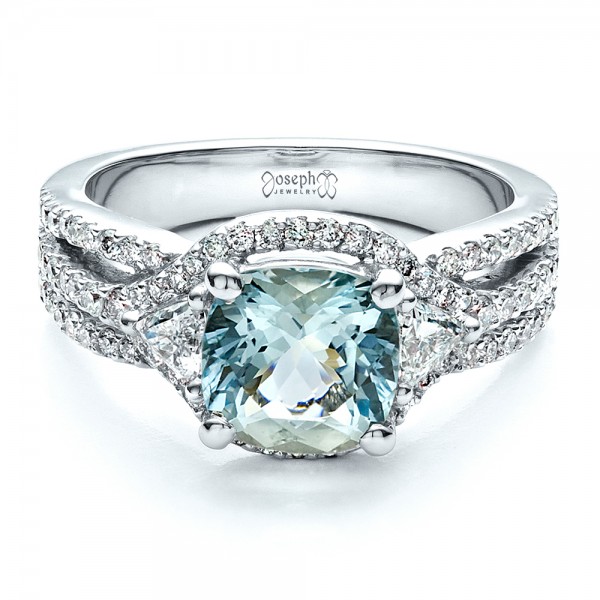  18K Gold 18K Gold Custom Aquamarine And Diamond Ring - Flat View -  1445