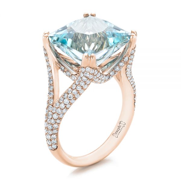 18k Rose Gold 18k Rose Gold Custom Aquamarine And Pave Diamond Ring - Three-Quarter View -  101982