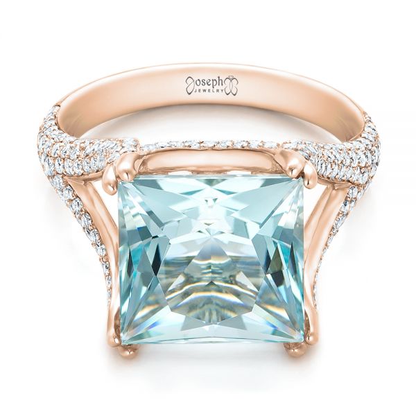 14k Rose Gold 14k Rose Gold Custom Aquamarine And Pave Diamond Ring - Flat View - 101982