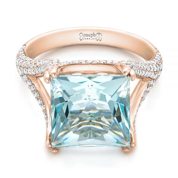 18k Rose Gold 18k Rose Gold Custom Aquamarine And Pave Diamond Ring - Flat View -  101982