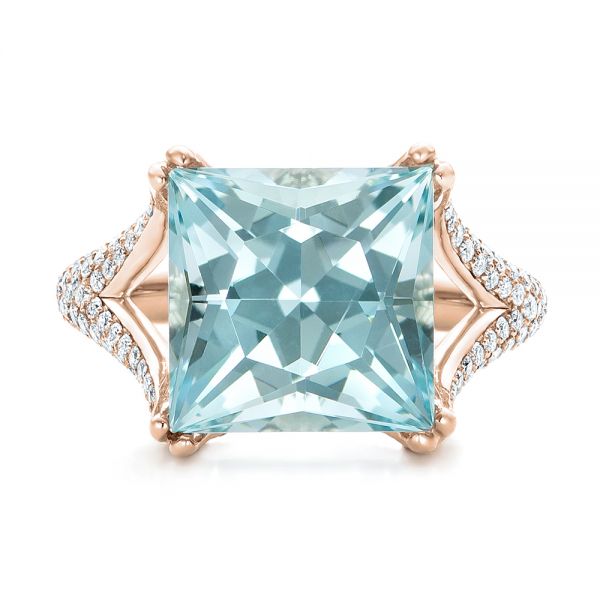 14k Rose Gold 14k Rose Gold Custom Aquamarine And Pave Diamond Ring - Top View - 101982
