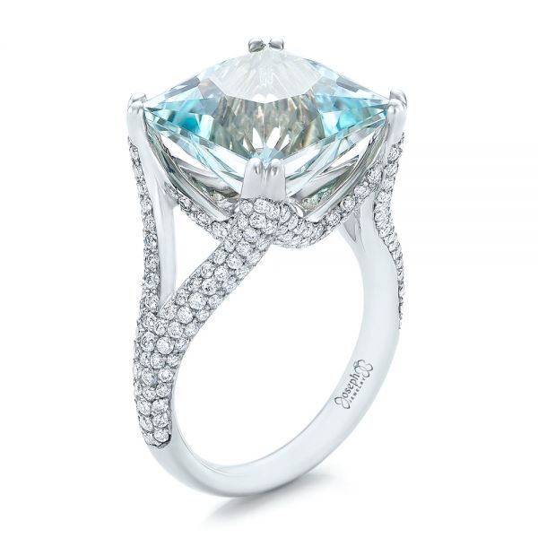  Platinum Platinum Custom Aquamarine And Pave Diamond Ring - Three-Quarter View -  101982