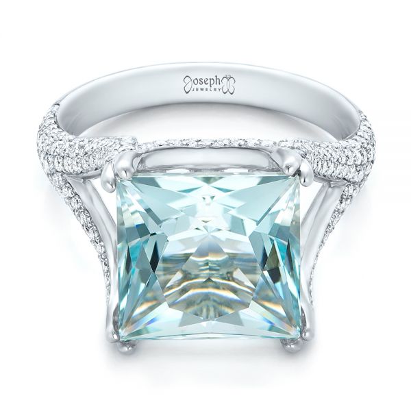 18k White Gold Custom Aquamarine And Pave Diamond Ring - Flat View - 101982