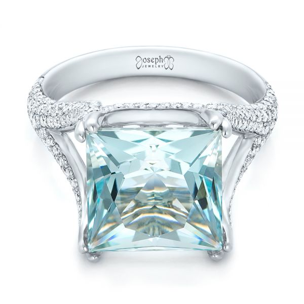  Platinum Platinum Custom Aquamarine And Pave Diamond Ring - Flat View -  101982