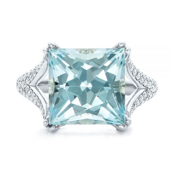 18k White Gold Custom Aquamarine And Pave Diamond Ring - Top View - 101982