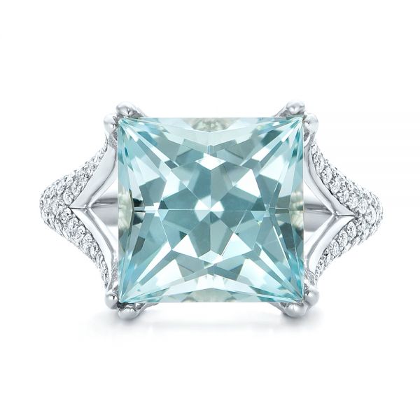 18k White Gold Custom Aquamarine And Pave Diamond Ring - Top View -  101982