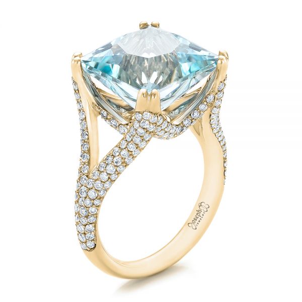 14k Yellow Gold 14k Yellow Gold Custom Aquamarine And Pave Diamond Ring - Three-Quarter View -  101982