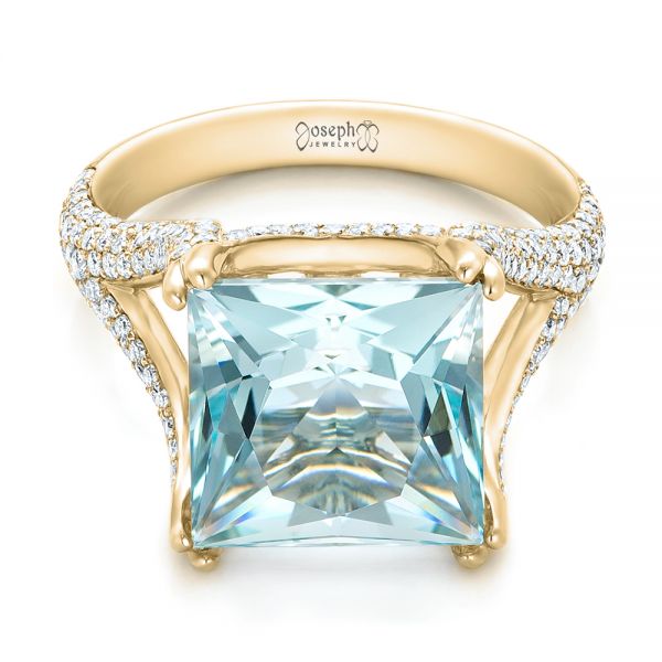 18k Yellow Gold 18k Yellow Gold Custom Aquamarine And Pave Diamond Ring - Flat View -  101982