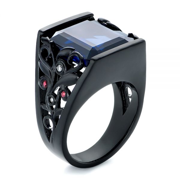 14K Gold Custom Black Ceramic Plated Sapphire Ruby And Diamond Fashion Ring - Three-Quarter View - 102847
