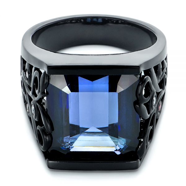14K Gold Custom Black Ceramic Plated Sapphire Ruby And Diamond Fashion Ring - Flat View - 102847