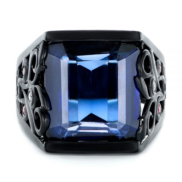  14K Gold Custom Black Ceramic Plated Sapphire Ruby And Diamond Fashion Ring - Top View -  102847