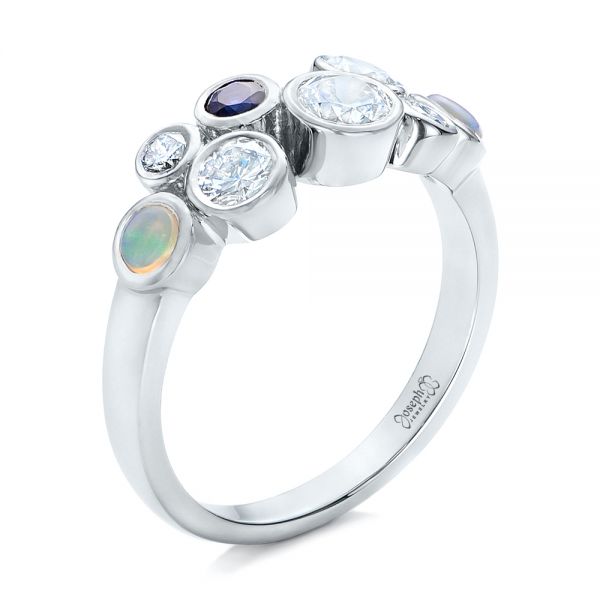  Platinum Custom Blue Sapphire Opal And Diamond Ring - Three-Quarter View -  102075