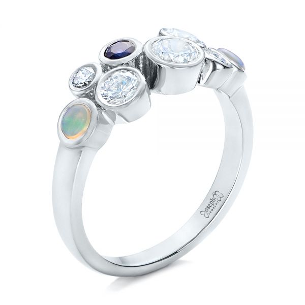 18k White Gold 18k White Gold Custom Blue Sapphire Opal And Diamond Ring - Three-Quarter View -  102075