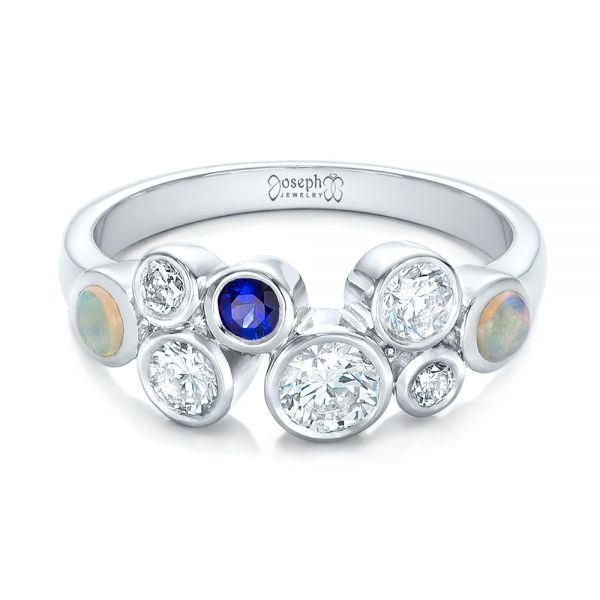 Platinum Custom Blue Sapphire Opal And Diamond Ring - Flat View - 102075