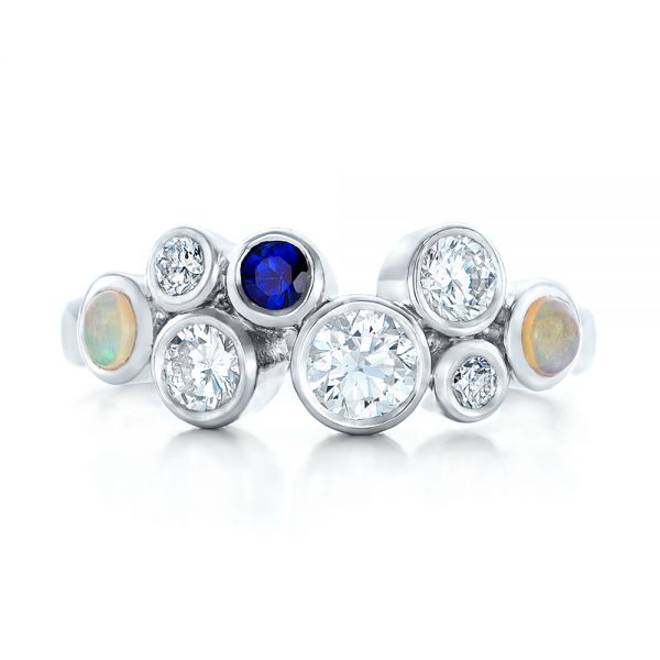 14k White Gold 14k White Gold Custom Blue Sapphire Opal And Diamond Ring - Top View -  102075