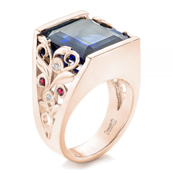 18k Rose Gold 18k Rose Gold Custom Blue Sapphire Ruby And Diamond Fashion Ring - Three-Quarter View -  102596