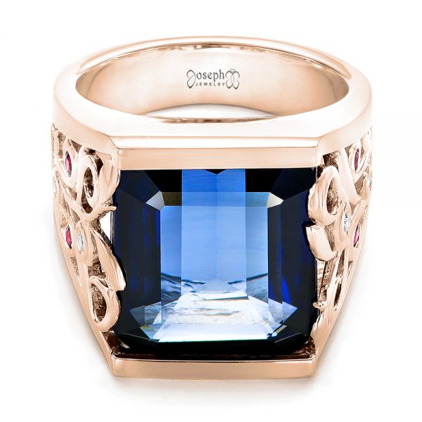 18k Rose Gold 18k Rose Gold Custom Blue Sapphire Ruby And Diamond Fashion Ring - Flat View -  102596