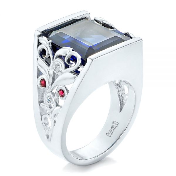  Platinum Platinum Custom Blue Sapphire Ruby And Diamond Fashion Ring - Three-Quarter View -  102596