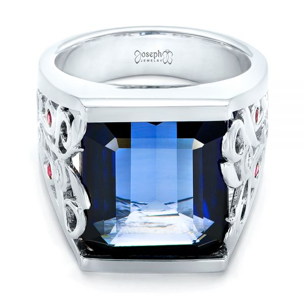 14k White Gold Custom Blue Sapphire Ruby And Diamond Fashion Ring - Flat View -  102596