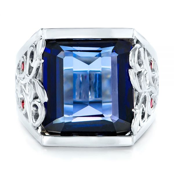 14k White Gold Custom Blue Sapphire Ruby And Diamond Fashion Ring - Top View -  102596