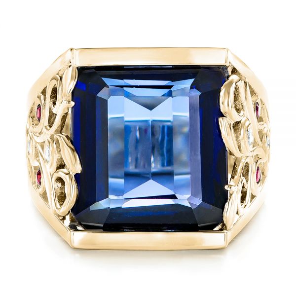 14k Yellow Gold 14k Yellow Gold Custom Blue Sapphire Ruby And Diamond Fashion Ring - Top View - 102596
