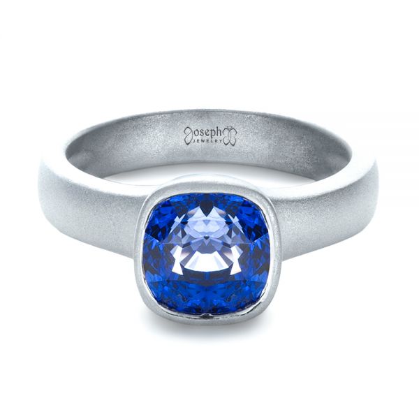 14k White Gold Custom Blue Sapphire Solitaire Ring - Flat View - 1266