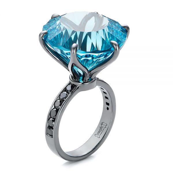  18K Gold 18K Gold Custom Blue Topaz And Black Diamond Fashion Ring - Three-Quarter View -  101530