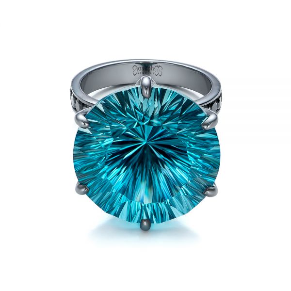 14K Gold Custom Blue Topaz And Black Diamond Fashion Ring - Flat View - 101530