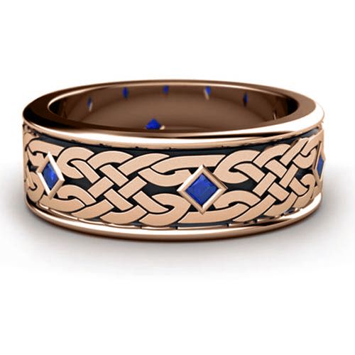 18k Rose Gold 18k Rose Gold Custom Celtic Knot And Blue Sapphire Unisex Ring - Three-Quarter View -  1020