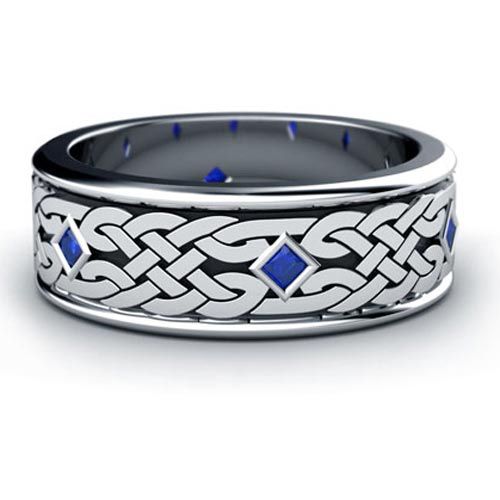 18k White Gold 18k White Gold Custom Celtic Knot And Blue Sapphire Unisex Ring - Three-Quarter View -  1020