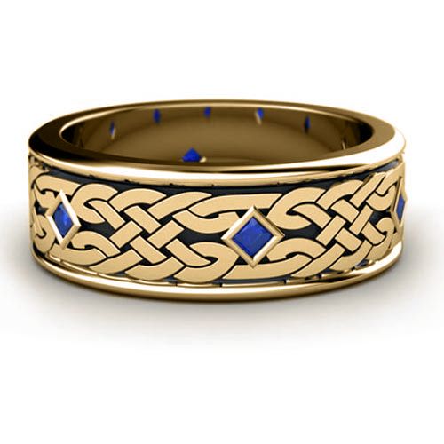 14k Yellow Gold 14k Yellow Gold Custom Celtic Knot And Blue Sapphire Unisex Ring - Three-Quarter View -  1020