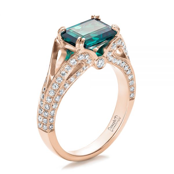 14k Rose Gold 14k Rose Gold Custom Emerald And Diamond Ring - Three-Quarter View -  100653