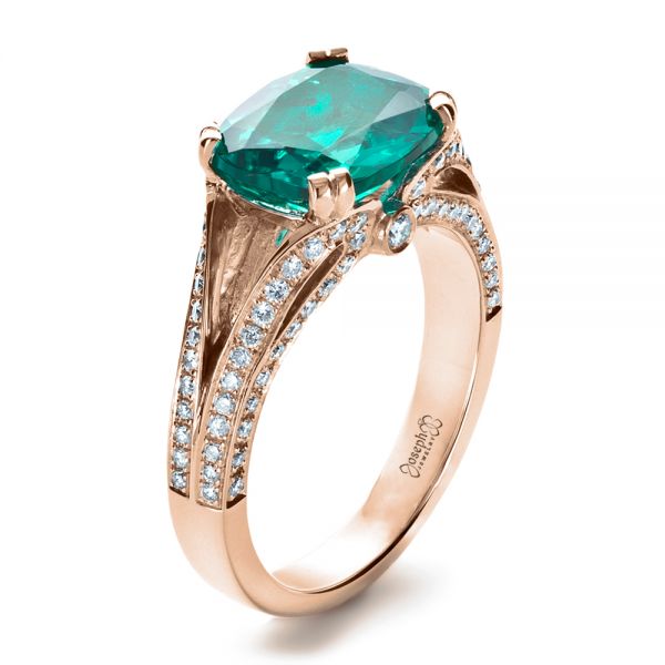 14k Rose Gold 14k Rose Gold Custom Emerald And Diamond Ring - Three-Quarter View -  1201