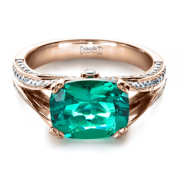 14k Rose Gold 14k Rose Gold Custom Emerald And Diamond Ring - Flat View -  1201