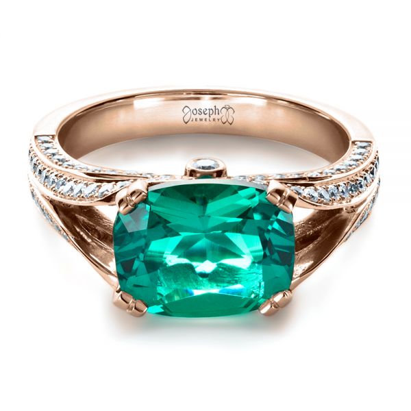 14k Rose Gold 14k Rose Gold Custom Emerald And Diamond Ring - Flat View - 1201