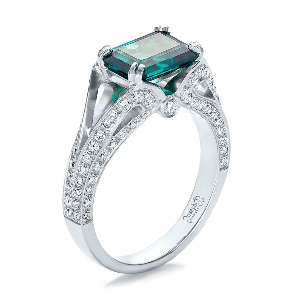 18k White Gold 18k White Gold Custom Emerald And Diamond Ring - Three-Quarter View -  100653