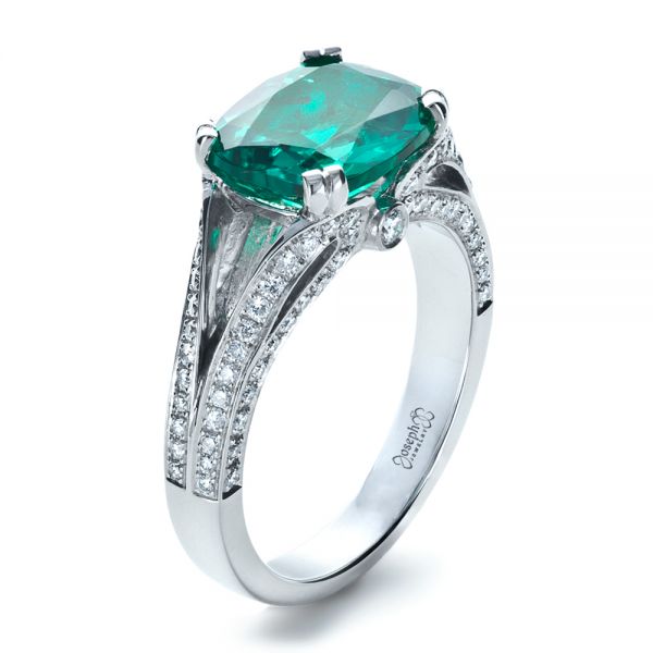 14k White Gold 14k White Gold Custom Emerald And Diamond Ring - Three-Quarter View -  1201