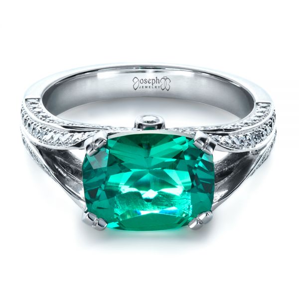 14k White Gold 14k White Gold Custom Emerald And Diamond Ring - Flat View -  1201