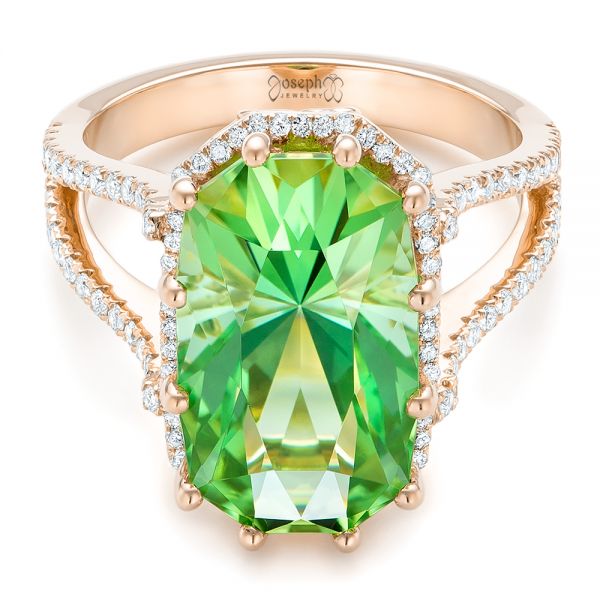 14k Rose Gold 14k Rose Gold Custom Green Tourmaline And Diamond Halo Fashion Ring - Flat View -  102466