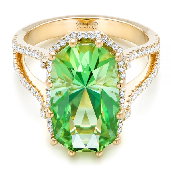 18k Yellow Gold Custom Green Tourmaline And Diamond Halo Fashion Ring - Flat View -  102466