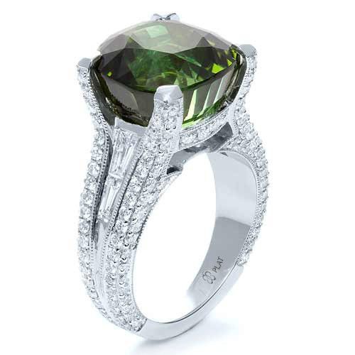 14k White Gold 14k White Gold Custom Green Tourmaline And Diamond Women's Ring - Three-Quarter View -  1032