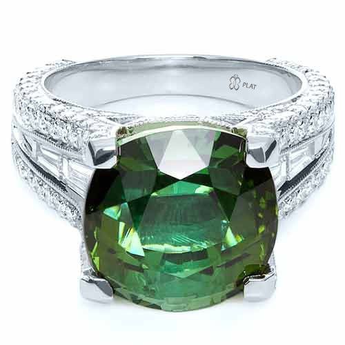 18k White Gold 18k White Gold Custom Green Tourmaline And Diamond Women's Ring - Flat View -  1032