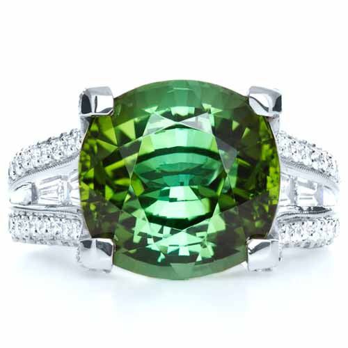  Platinum Custom Green Tourmaline And Diamond Women's Ring - Top View -  1032