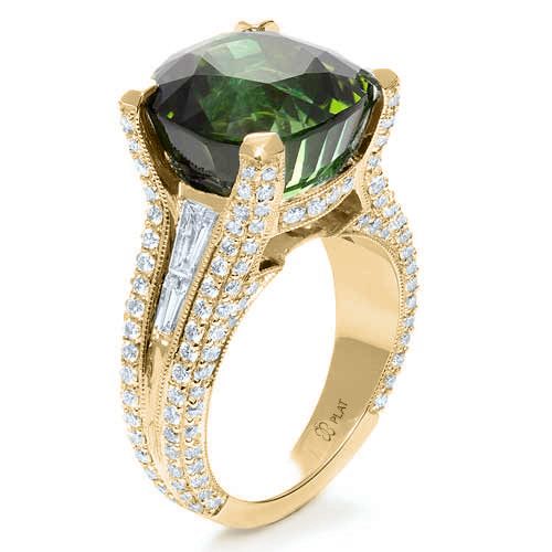 14k Yellow Gold 14k Yellow Gold Custom Green Tourmaline And Diamond Women's Ring - Three-Quarter View - 1032