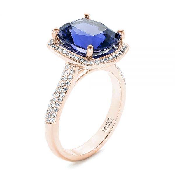 14k Rose Gold 14k Rose Gold Custom Iolite And Diamond Halo Fashion Ring - Three-Quarter View -  102803