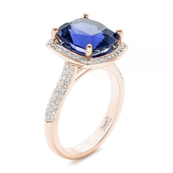 18k Rose Gold 18k Rose Gold Custom Iolite And Diamond Halo Fashion Ring - Three-Quarter View - 102803